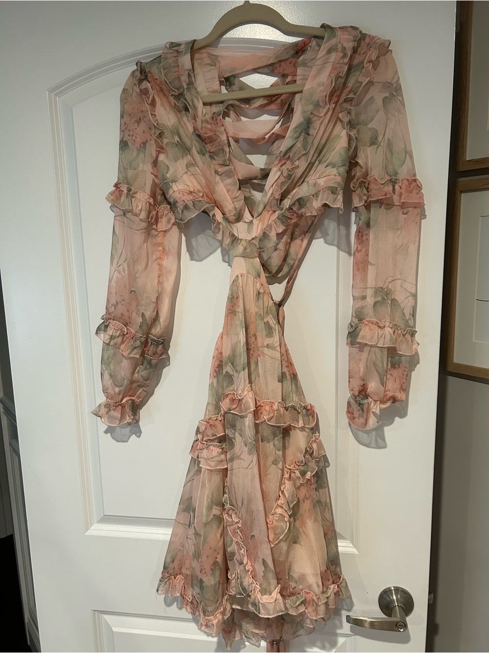 Avantlook Peach & Sage Floral Ruffle Wrap Dress